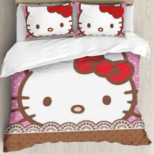 Parure De Lit Mignonne Pour Filles, Housse De Couette Pour Enfants Hello Cat Kitty, Queen, Kawaii, Anime Kitty, En Coton, Pour Adolescents, Queen, Respirante, Rurale, Avec 2 Taies - Neuf