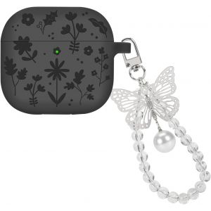 Coque Compatible avec Airpods 4 G&eacute;n&eacute;ration 2024 avec Porte-cl&eacute;s, Housse en Silicone Souple avec Fleurs Grav&eacute;es Design pour Filles, &Eacute;tui de Protection Antichoc Anti-rayures Anti-poussi&egrave;re, Noir - Neuf