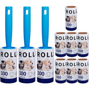 MEVRONISSHOP-Brosse Anti Poils Animaux Mega Value Lot de 1000 Feuilles, Rouleau Super adh&eacute;sive pour Poils Animaux, Brosse Vetement Anti Poils (10 Rouleaux avec 3 d&eacute;rouleurs) - Neuf