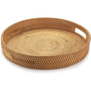 Plateau De Service Rond En Rotin De 30 Cm, Plateau De Service En Osier Avec Poignées Découpées, Panier De Service Tissé Pour Fruits Et Pain - Neuf