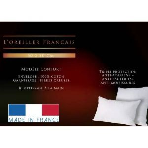 Oreiller - Fran&ccedil;ais - 50x70cm - Synth&eacute;tique - Confort M&eacute;dium - Lavable - Neuf