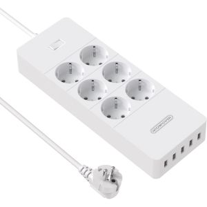 Multiprise USB, Parasurtenseur Parafoudre (Protection 1700 Joules), Bloc multiprise (4000 W / 16 A) &agrave; 6 Prises avec 5 Ports USB de Recharge avec Interrupteur et Cordon de 1,5m &iquest; Blanc - Neuf