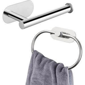 TEPPC-porte-papier toilette/anneau porte-serviettes, accessoires de salle de bain sans per&ccedil;age, porte-papier toilette adh&eacute;sif en acier inoxydable et porte-serviettes, montage mural, Chrom&eacute; Paquet de - Neuf