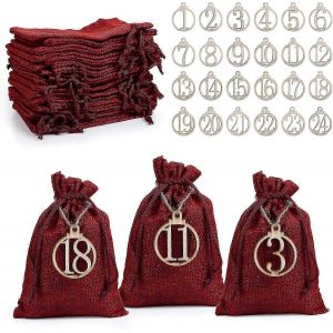 2025 Calendrier De L'avent Sac De Jute Pour Le Remplissage, Rouge De Cadeau De No&euml;l Sacs, 24 Pi&egrave;ces D&eacute;coratives En Bois Chiffres, Sac En Tissu, De No&euml;l Calendrier De L'artisanat Sac - Neuf