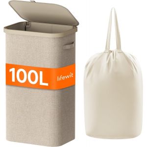 CHECARZHN--NO1-Panier A Linge Sale 100L, Bac A Linge Avec Couvercle, Corbeille A Linge Avec Plastique Poignées Et Sac A Linge, Grand Panier Linge Pliable Pour Buanderie, Chambre, Salle De Bain, Beige - Neuf