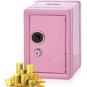 Loc-Tirelire Coffre-Fort Avec Fente Pour Insérer De L'Argent - Mini Coffre-Fort En Métal Avec 2 Clés - H : 18 Cm L : 12 Cm L : 9,5 Cm - Caisse D'Épargne Pour Boîte À Monnaie, Économise (Rose) - Neuf