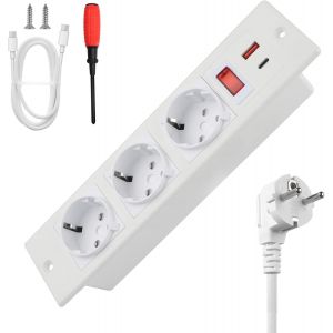 CHENG-Prise Encastrable de Table avec Ports USB-A et Type-C Multiprise Int&eacute;gr&eacute;e 3 Prises avec C&acirc;ble d'alimentation 1,5m et C&acirc;ble Type-C - Prise de Cuisine Multiprise pour Meuble ou Bureau Blanc - Neuf