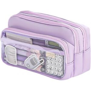 Grande capacité trousse scolaire avec 3 compartiments trousse scolaire extensible sac de maquillage organisateur de bureau pour filles et filles, aubergine, M, Casual - Neuf