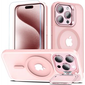 Maa-Magnétique Coque Pour Iphone 15 Pro, Compatible Avec Magsafe Avec Verre Trempé, Coque Avec Caméra Béquille Antichoc Protection Etui Housse Case Pour Iphone 15 Pro (Rose) - Neuf