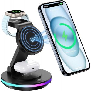 Support De Charge Magn&eacute;tique Sans Fil,Station De Charge Sans Fil 3 En 1,Support De Charge Magsafe Rotatif Et Pliable Avec Veilleuse Pour Iphone S&eacute;ries 16/15/14/13,Apple Watch 2 &Agrave; 9,Airpods - Neuf