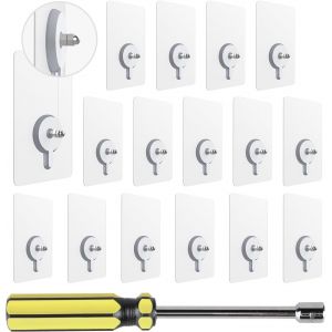 16PCS Vis Adh&eacute;sives D&eacute;tachables Transparent avec Tournevis &agrave; Douille, Clous de Suspension Auto-Adh&eacute;sifs avec Barre &agrave; Visser de 10mm, Sans Percer pour Salle de Bains Cuisine - Neuf