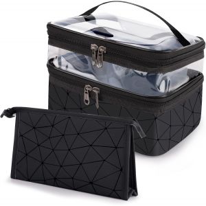 KALANKA-Trousse de Toilette Femme Voyage Ado Fille Grande Capacité Vanity Sac et Trousses à Maquillage Cosmetique Rangement Organisateur | Noir & Transparente - Neuf