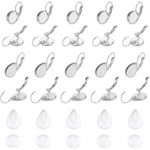 Kal-40 Ensembles 2 Tailles 304 R&eacute;sultats De Boucle D'oreille &Agrave; Levier En Acier Inoxydable Avec Boucle D'oreille Plate Ronde Et En Forme De Larme Cabochons Plateau De Lunette Composants - Neuf