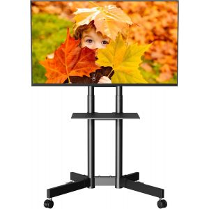 Support TV sur Pied avec roulettes, Pied TV Inclinable et Réglable en Hauteur 32-85 Pouces avec Étagère, Charge Max 55 kg, VESA 600x400 mm, Support Télévision Mobile pour Salon, Bureau, École - Neuf