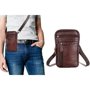 Pochette pour t&eacute;l&eacute;phone en cuir v&eacute;ritable, sac banane bandouli&egrave;re pour homme - Caf&eacute; - Neuf