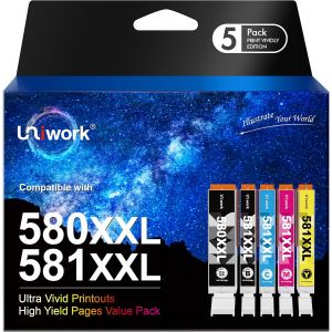 Uniwork5PGI-580CLI-581XXLCartouchesd'encreCompatiblepourCanon580581XXLpourCanonPIXMATS8250TS6150TS8151TS6151TS6250TR8550TS8150TS8251TR7550TS6100TS9150(5-Pack) - Neuf