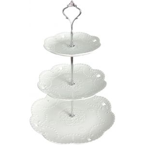 Checarzhn--No1-Ybk Tech Plat De Service À Gâteaux Avec Assiettes En Porcelaine Sur 3 Étages Blanc Silver Rod - Neuf