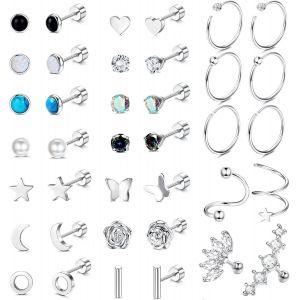 Kal-19 Paires Petite Boucles D'oreilles Acier Chirurgical Femme Hypoallerg&eacute;nique Piercing Oreille Boucles D'oreilles Cartilage Perle Turquoise Cz Clou D'oreille Plat Ensemble Piercing Bijoux - Neuf