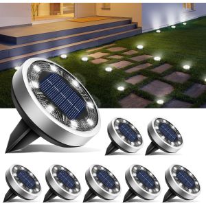 Lot De 8 Lampe Solaire Au Sol, 8 Led Jardin Exterieur Solaire Etanche Lumiere Solaire, Spot Solaire Ext&eacute;rieur Pour Chemins Pelouse Terrasse All&eacute;e Cour Piscine, Blanc Froid - Neuf