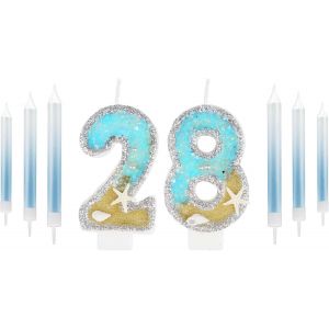 Eryi-Bougie D'anniversaire Bleue En Forme De Chiffre 28 Pour Garçons Et Filles, Décorations De Gâteau D'anniversaire Pour Garçons Et Filles, Bougies Bleues Argentées Pour Hommes Et Femmes, Décoration - Neuf
