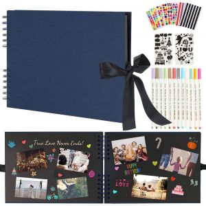 Album Photo Scrapbooking 80 Pages Noir,DIY Traditionnel Livre Souvenirs Albums,Avec 12 Stylos M&eacute;talliques,Cadeaux pour Bebe Enfant Mariage Voyage Anniversaire (Bleu) - Neuf
