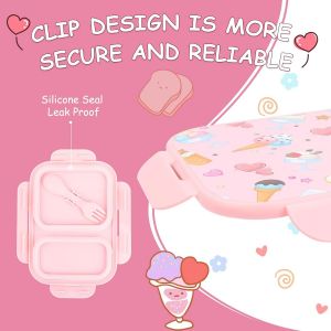 Bo&icirc;te &Agrave; Lunch Pliable Pour Enfants Avec Compartiments, Sans Bpa, Motifs De Cr&egrave;me Glac&eacute;e - Cadeau De No&euml;l Parfait (Rose) - Neuf