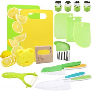 Oayew-Lot De 17 Couteaux De Cuisine Pour Enfant - Avec Planche &Agrave; D&eacute;couper - Couteau En Bois - Emporte-Pi&egrave;ces - Couteau &Agrave; Fruits - Cadeau Pour Enfants &Agrave; Partir De 3 Ans - Neuf