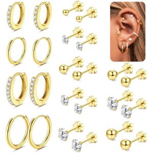 Kal-12 Pairs Boucles D'oreilles Femme Acier Inoxydable Creoles Argent Or Boucles D'oreilles Clous Hypoallerg&eacute;niques Cartilage Helix Piercing Oreille Petites Boucles D'oreilles Femme Argent Or - Neuf
