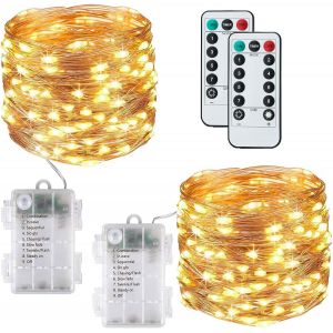 JGD-Lot de 2 guirlandes lumineuses &agrave; piles, 120 LED, 12 m, 8 modes, &eacute;tanches, pour int&eacute;rieur/ext&eacute;rieur, avec t&eacute;l&eacute;commande, minuteur, pour chambre, f&ecirc;te, mariage, d&eacute;corations de No&euml;l (blanc chaud) - Neuf