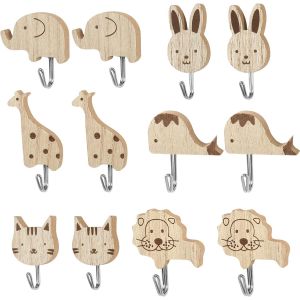 Lot de 12 crochets muraux autocollants en bois - Motif animal de dessin anim&eacute; - En m&eacute;tal - Chat - Lapin - &Eacute;l&eacute;phant - Baleine - Lion - Girafe - Pour porte-manteau, tringle de cuisine - Neuf