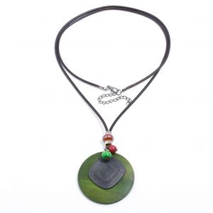 Collier Vintage En Corde Ciree Avec Anneau Geometrique En Bois Pour Femme, Chaine De Pull - Neuf