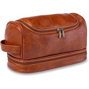 MAA-Trousse à Maquillage Voyage avec Poignée, Trousse de Toilette Femme Cuir Trousse de Toilette Homme Voyage Étanche Portable Trousse de Rangement Toilette, Sac à Cosmétiques en Cuir PU Pochette - Neuf