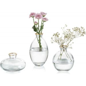 Petit Vase pour Décoration De Table Vases en Verre Faits À La Main pour Fleurs,3 Pièces Vases À Bourgeons Vintage À Bordure Dorée Esthétique Mini Vase Ensemble pour Kawaii Décoration De Salon - Neuf