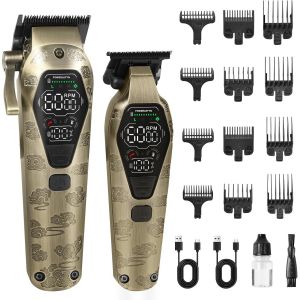 Tondeuse À Cheveux Professionnelle & T-Blade Trimmer Set Pour Hommes, Set De Tondeuses À Barbe Tondeuse De Finition Tondeuse À Cheveux Sans Fil Pour Hommes Avec Affichage Led - Neuf