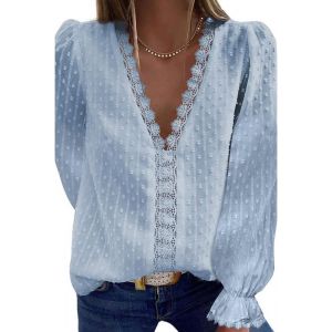Utigh-Chemisier Femme Dentelle Décontracté Col V Élégant Couleur Unie Vintage Manches Courtes Casual Dentelle Blouse - Neuf