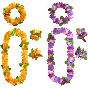 Ensemble De Colliers De Fleurs Hawaïennes Avec Collier, Bandeau Et Bracelet Hawaïens, Collier Hawaien Avec Feuilles Vertes, Fournitures Pour Fêtes D'été Sur La Plage Mariage Luau - Neuf