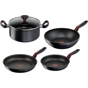 Checarzhn--No1-Ligne Rouge Lot De 5 Poêles Ø 22/24 Cm, Casserole Ø 24 Cm Avec Couvercle, Wok Ø 28 Cm, Induction, Gaz Et Four, Indicateur De Cuisson Thermosignal, Fond En Acier Inoxydable Et Aluminium - Neuf