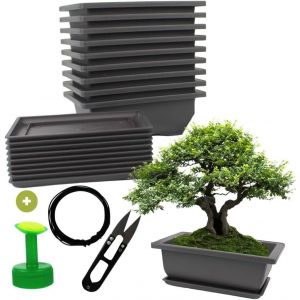 Lot de 10 Pots pour Bonsai avec Soucoupe &iquest; Kit Complet pour Culture et Entretien : Pots en Plastique avec Fil Bonsai,S&eacute;cateur,Bouchon Arrosoir et Drainage Int&eacute;gr&eacute; - Neuf