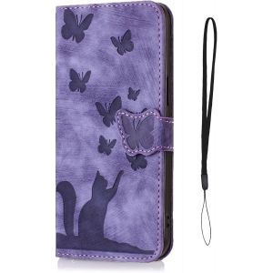 KAL-Housse Protection Pour Samsung Galaxy A42 5G Mat&eacute;riau En Cuir Pu Coque Samsung A42 5G Avec Fentes Pour Cartes Motif Papillon Chat Coque Samsung A42 Violet - Neuf