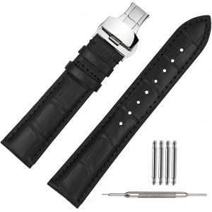 Montre Bracelet En Cuir 22mm - Noir Bande En Cuir De Veau Pour Homme Femme Vintage Retro - Bracelet De Montre Remplacement Avec Boucle Déployante En Acier Inoxydable - Noir - Neuf