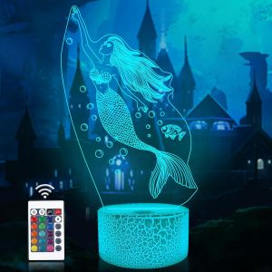 Lampe Sirène 3d, Veilleuse Illusion Led Avec Télécommande Minuteur 16 Changement De Couleur Lampes De Bureau Des Gamins Fée Chambre Décor Brancher Cadeaux Pour Filles Femmes Enfant - Neuf