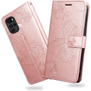 KAL-Coque Pour Moto G22, Papillon Imprim&eacute; Housse En Cuir Pu Magn&eacute;tique Portefeuille, &Eacute;tui &Agrave; Rabat Pour Moto G22, Or Rose - Neuf