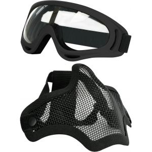 Kalanka-Airsoft Ensemble Masque Et Lunettes, Demi-Masque En Acier Plein Masque Et Lunettes Pour Cs/Chasse/Paintball/Tir - Neuf