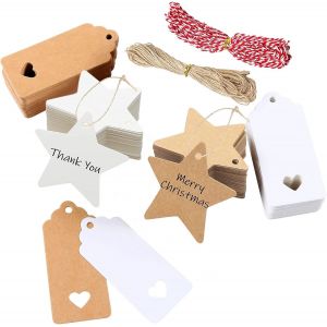 Lot de 200 &eacute;tiquettes en papier kraft de No&euml;l avec corde de chanvre de 10 m + corde rouge de 10 m pour d&eacute;coration de sapin de No&euml;l - Neuf