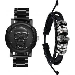 Eryi-Montre Homme Acier Inoxydable: Ensemble Bracelet Cuir Tressé Et Montre Bracelet Acier Cadran Crâne Tête De Mort Gothique Punk Analogique Quartz - Cadeau Halloween Et Accessoire Gothique - Neuf
