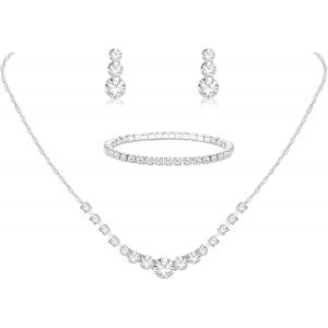 Parure Mariage Mari&eacute;e Pour Femme Strass Collier Cristal Boucles D'oreilles Pendantes Bracelet En Argent Ensemble De Bijoux De Mariage &Eacute;tincelants Mari&eacute;e Soir&eacute;e Pour Femmes Et Filles - Neuf
