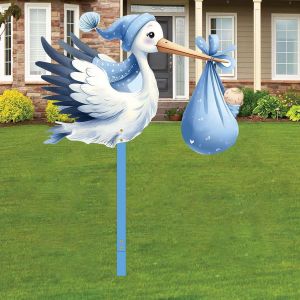 Tianyi-Cigogne De Naissance Pour L'extérieur - Bleu - Cigogne À Clapette Pour Naissance Bébé - Imprimé Des Deux Côtés - 81 Cm - Avec Bâton En Bois - Neuf