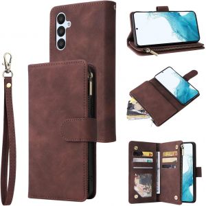 TZF-Samsung Galaxy A32 A34 A53 A54 5G Premium Vintage PU Leather Handbag Zipper Pocket Case Kickstand Card Slots with Wrist Strap - Neuf