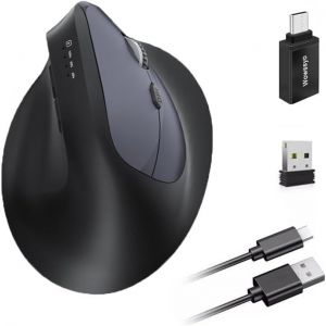 KALANKA-Souris sans fil ergonomique 3 modes [Bluetooth 5.2, 2,4 G, filaire] Souris verticale sans fil rechargeable 1200/1600/2400/3200/6400/9600 DPI, batterie rechargeable, 6 boutons, PC/Mac gris - Neuf