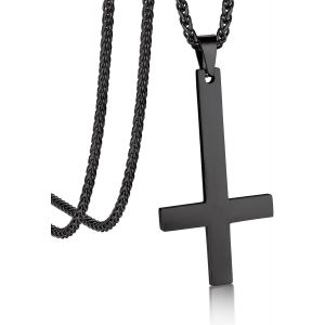 Kal-Collier Homme Croix &Agrave; L'envers En Acier Inoxydable/Noir, Pendentif Croix De Saint Pierre Avec Cha&icirc;ne Spiga Ajustable De 3mm/55+5cm - Neuf